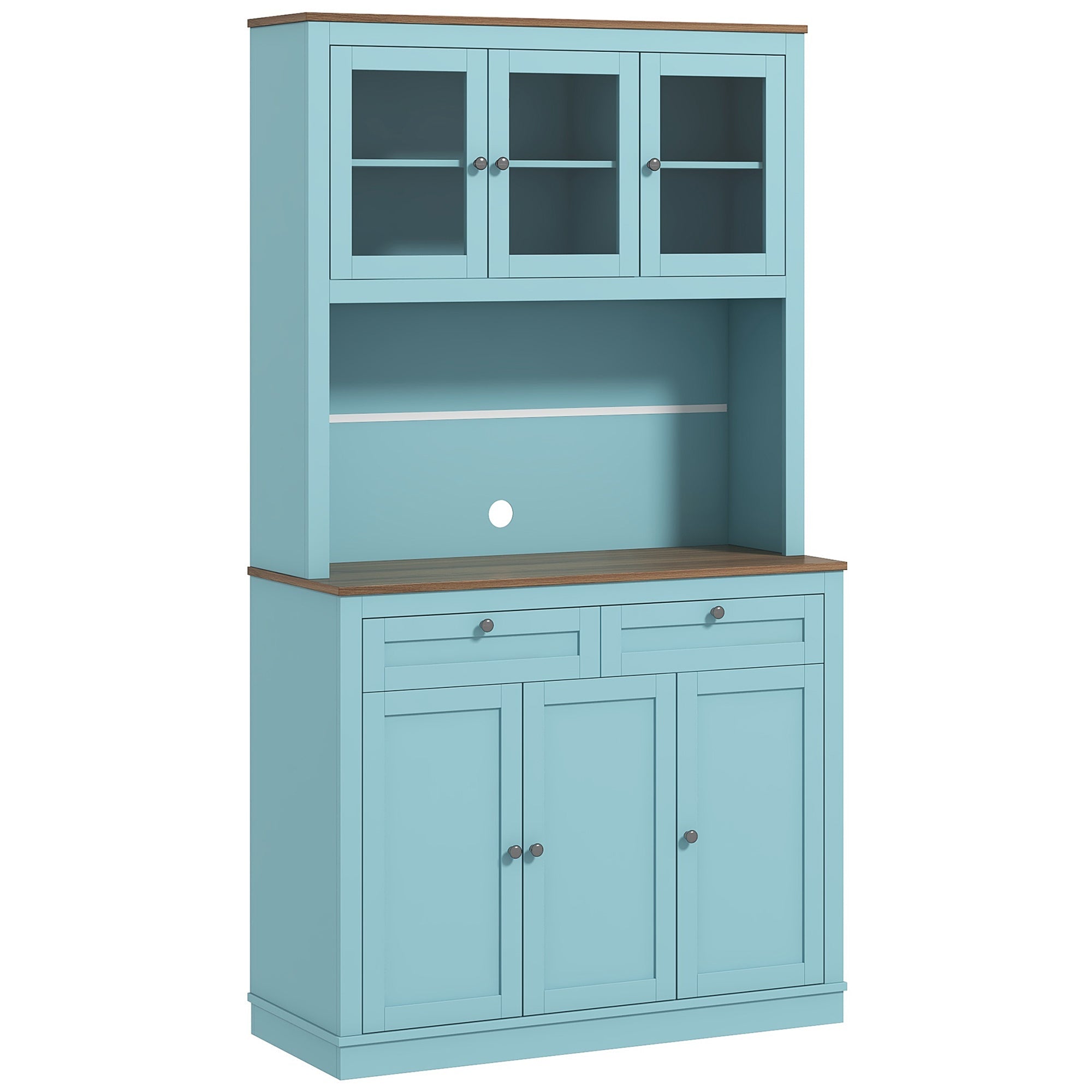 HOMCOM Spacious 71" Kitchen Pantry Cabinet - Microwave Space, Buffet Hutch, 2 Drawers, Adjustable Shelves, Glass Doors in Blue 