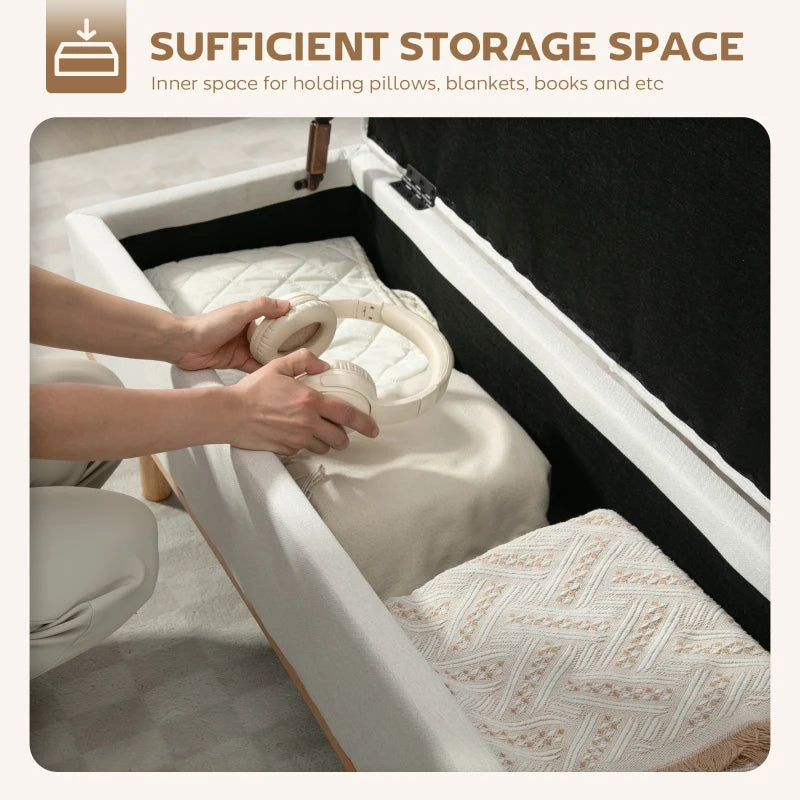 Storage Ottoman Bench, Foot Rest with Lift-Up Lid and Wood Legs, Linen Storage Chest for Living Room, Cream White