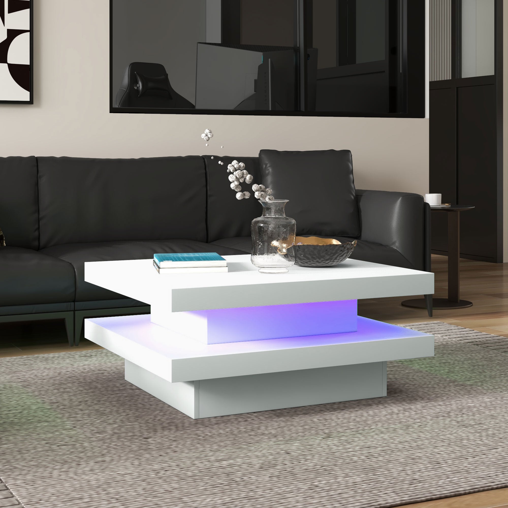 HOMCOM Square Coffee Table with 7 LED Lights and Remote, 2-Tier Modern Center Table for Living Room, White 