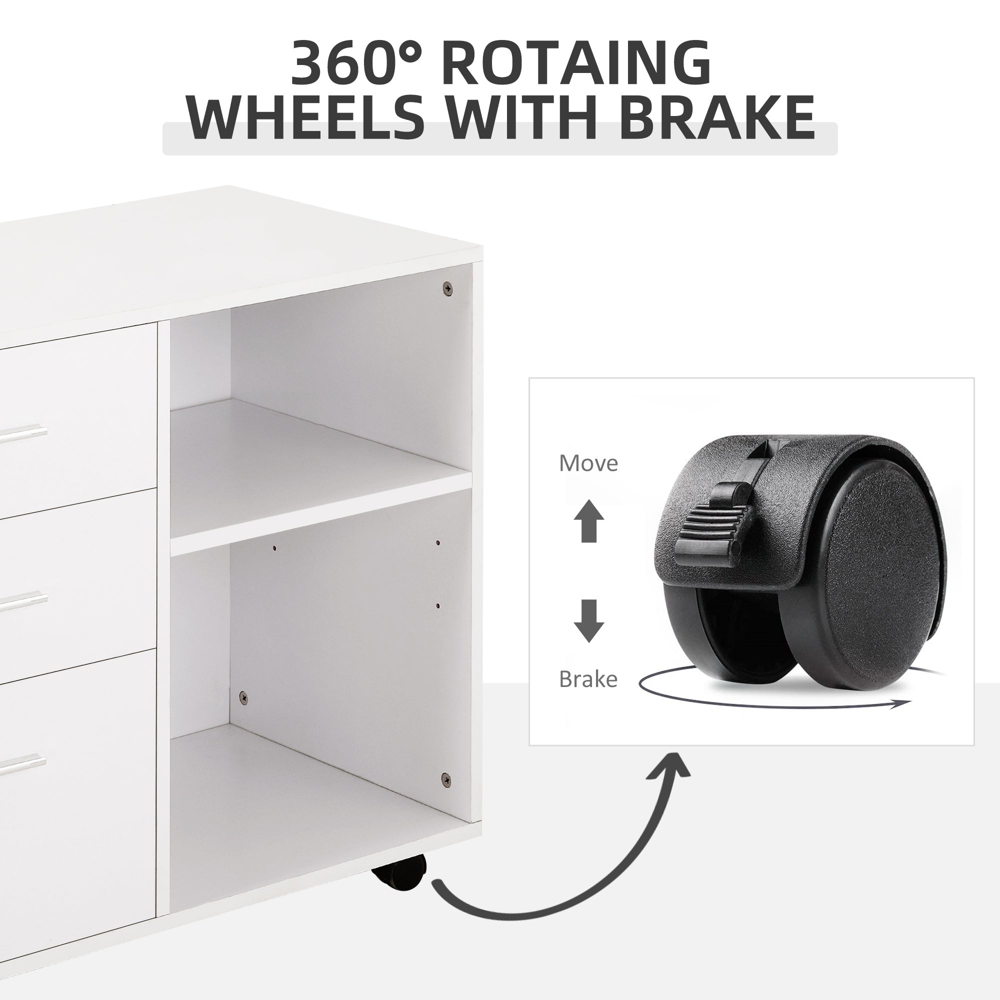 HOMCOM Mobile Printer Stand: Storage Space, 3 Drawers, Shelves, Home Office, White, Rolling Cabinet 