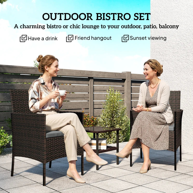 Wicker Bistro Set, 3 Piece Patio Furniture Set with 2-Tier Glass Top Table, Cushions for Balcony, Porch, Dark Grey