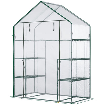 Outsunny Greenhouse Getaway: 56" x 29" x 77" Mini Walk-in Greenhouse with 4 Shelves, Roll-Up Door, Weather Cover, Clear 