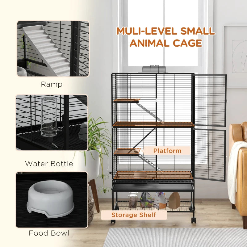 Rolling Small Animal Cage 54"H Chinchilla Cage for Ferrets, Squirrels w/ Removable Tray, Storage Shelf, Black