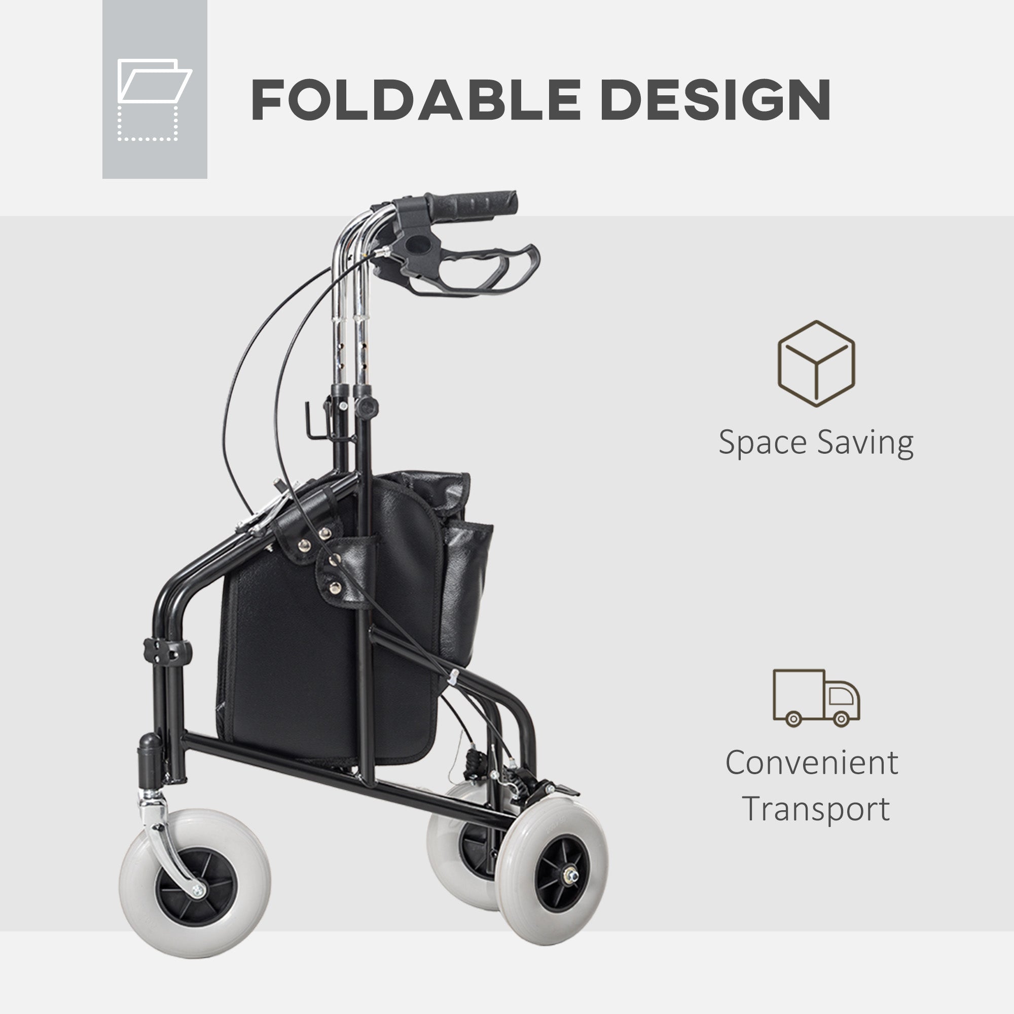 HOMCOM Upright Walker Up Rollator, Rolling Walker with Wheels, Storage Bag, Tray, Adjustable Handle Height, Black 