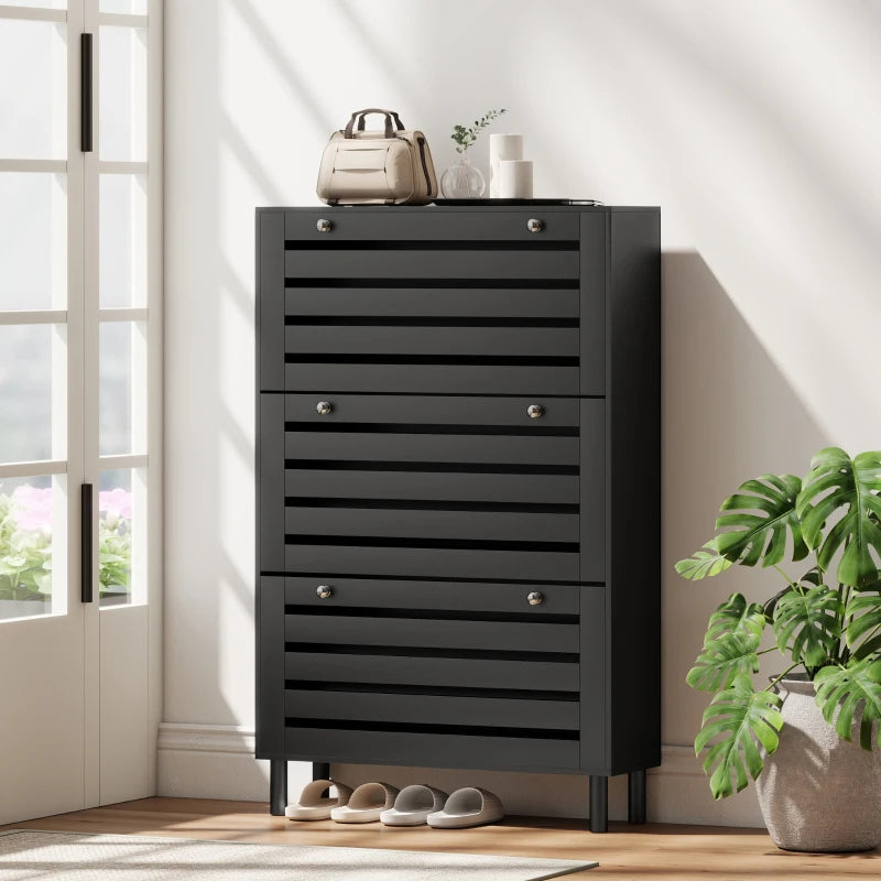 Narrow Shoe Storage Cabinet, 3 Flip Drawers, Adjustable Shelves, 18-24 Pairs Capacity, Black