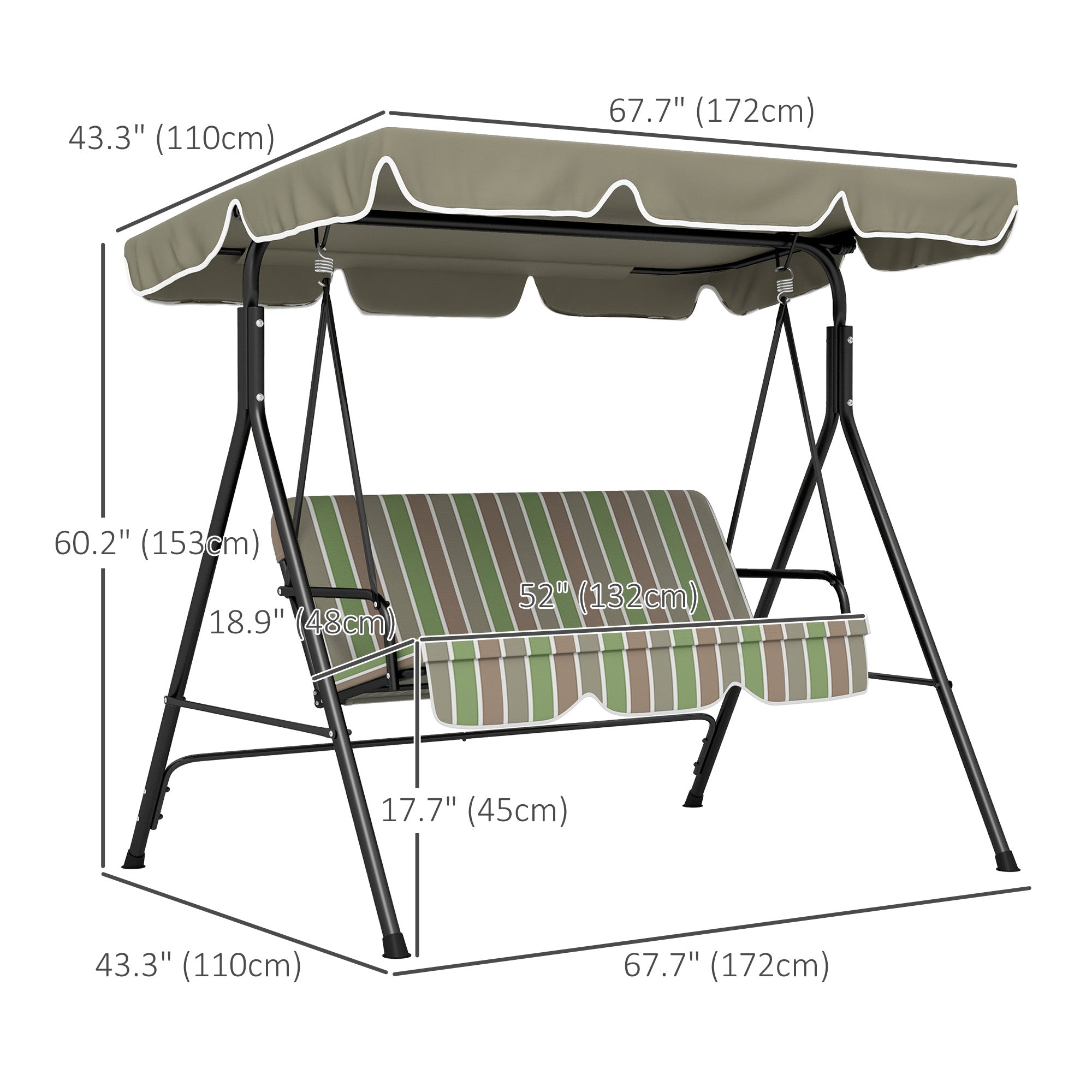 Outsunny 3-Seater Porch Swing with Adjustable Canopy - Outdoor Patio Swing Chair, Garden, Poolside, Green/Brown 