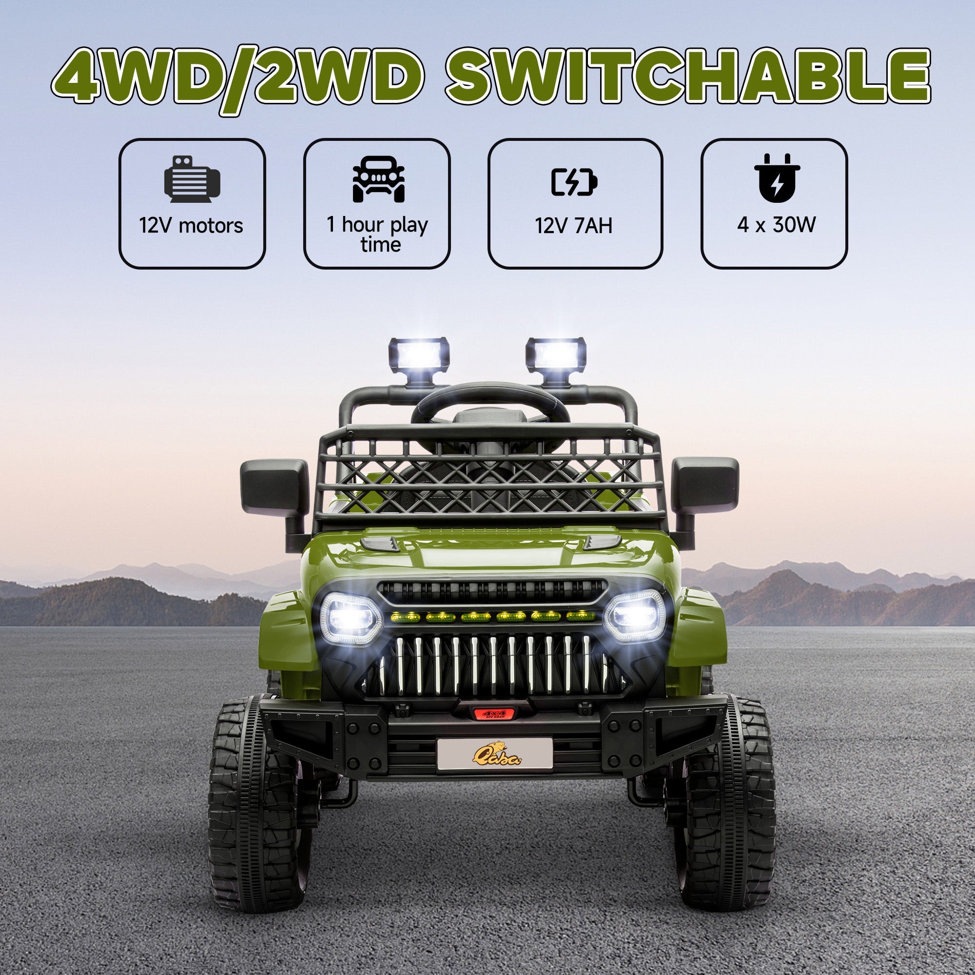Qaba 12V 4WD/2WD Kids Electric Car w/ Remote Control, Spring Suspension, Back Trailer, Light, Music, Soft Start, Dark Green 