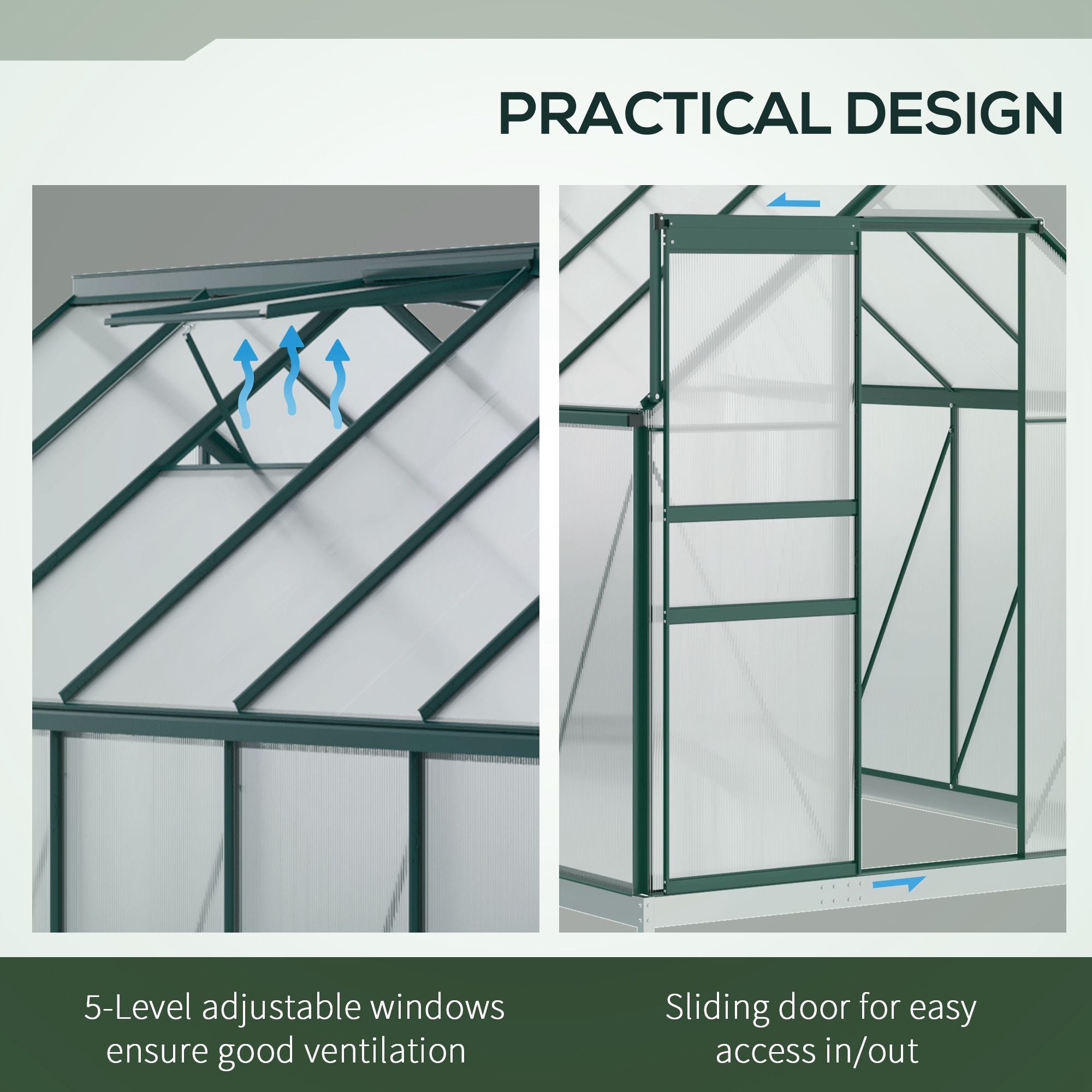 Outsunny 6' x 12' x 6.5' Polycarbonate Greenhouse, Walk-in Green House with Adjustable Roof Vent Galvanized Base Sliding Door Rain Gutter for Outdoor Garden Backyard, Green 