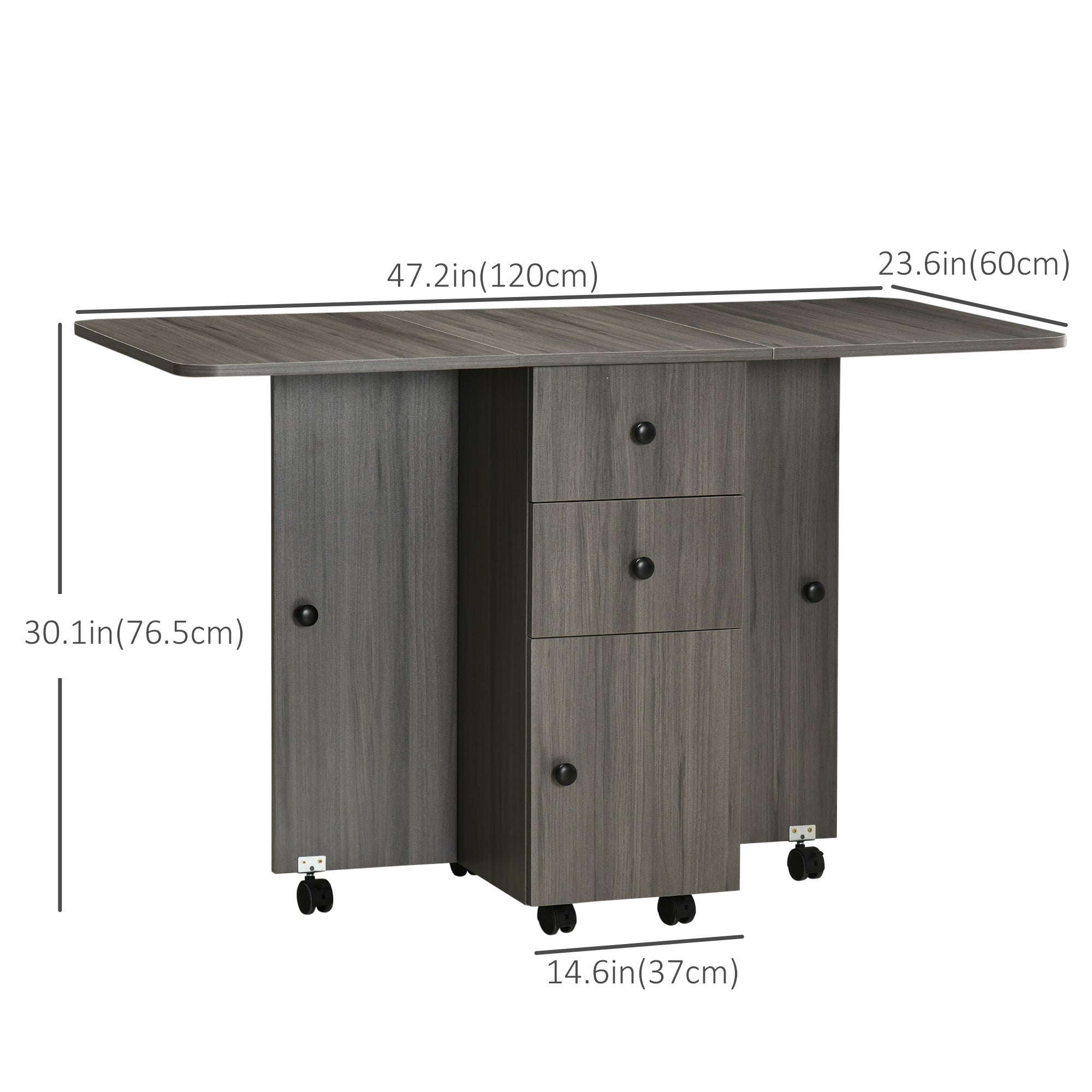 HOMCOM Foldable Rolling Kitchen Table with Storage Drawers Cabinet Drop Leaf Table on Wheels Grey 