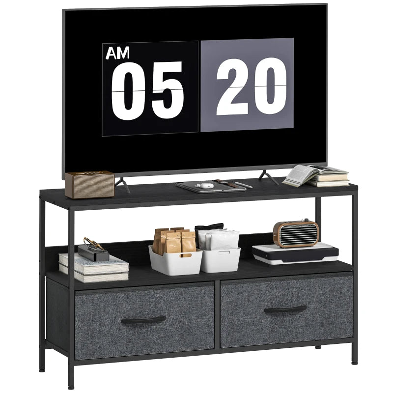 TV Stand with Charging Station, TV Table with 2 Foldable Linen Drawers and Open Shelf for 47 Inch Television, Black