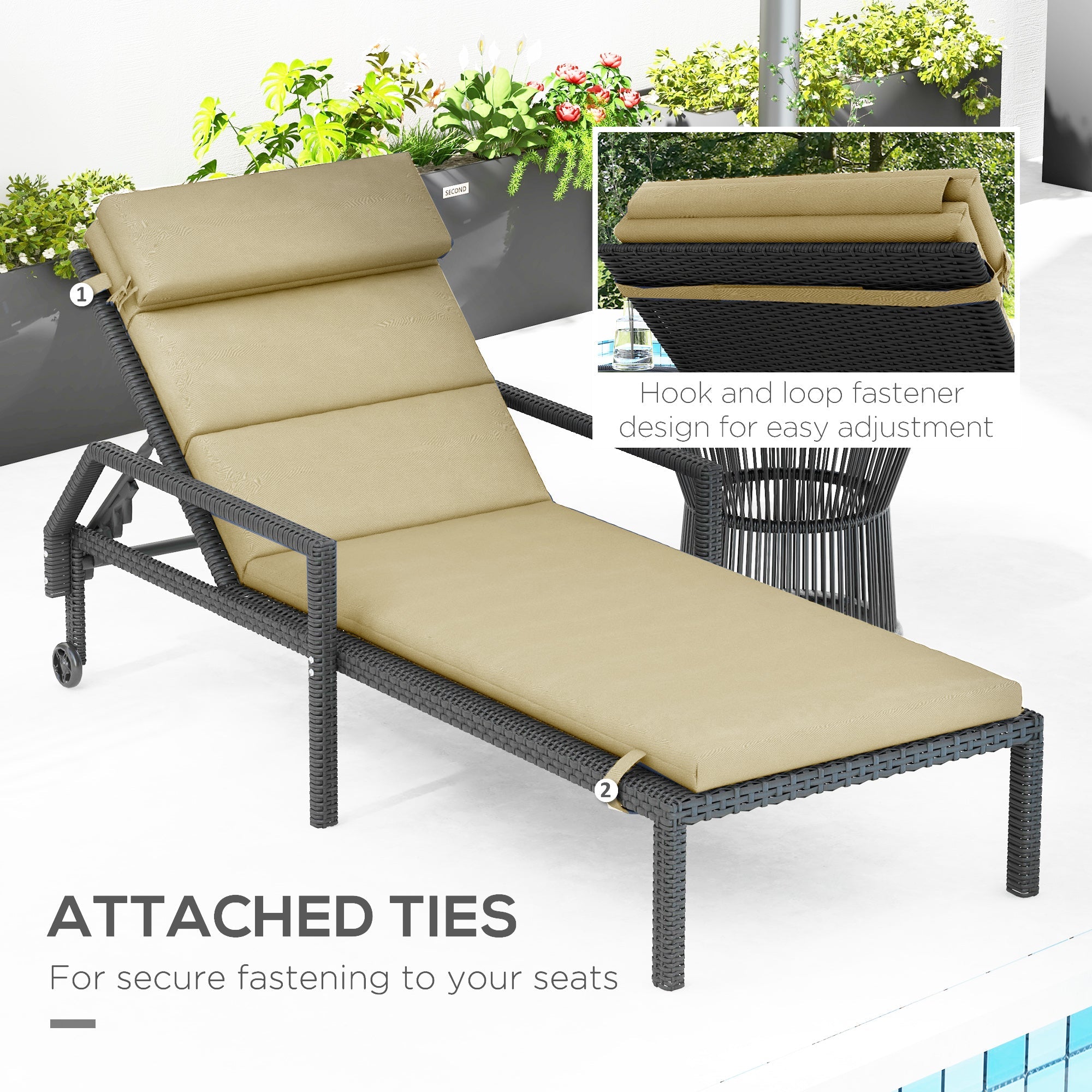 Outsunny Patio Chaise Lounge Chair Cushion Replacement Sun Lounger Pads with Headrest and Ties, Beige 