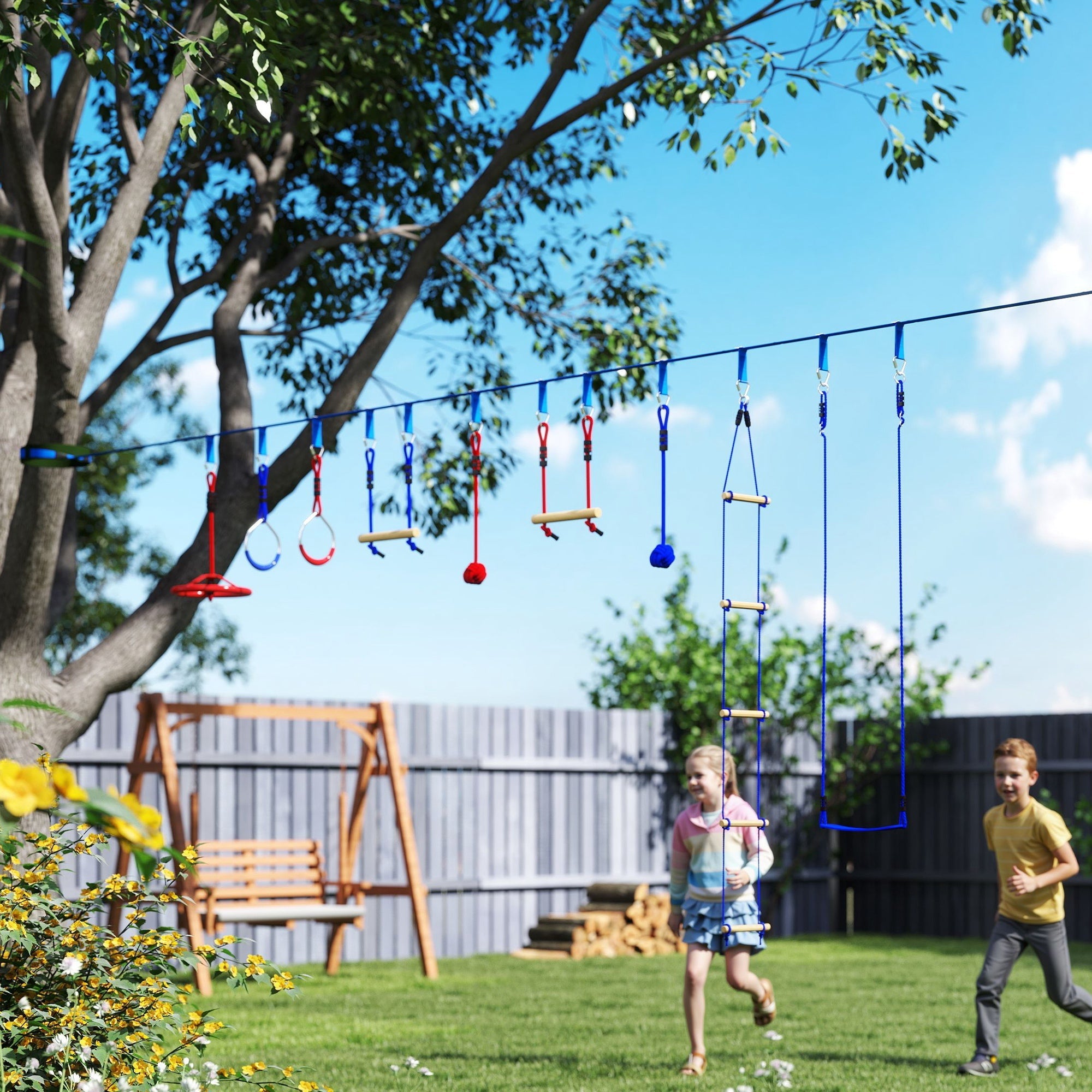 Qaba 32.8' Ninja Warrior Obstacle Course for Kids 3-6 Years, with Swing, Monkey Bars, Climbing Ladder, Gym Rings, Blue 