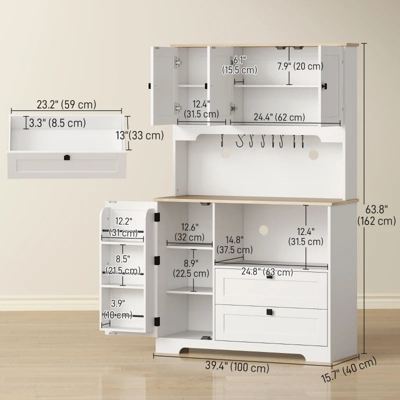 Kitchen Pantry Cabinet, 64" Tall Kitchen Hutch with 3 Cabinets, 2 Drawers, Adjustable Shelves, Microwave Stand, White