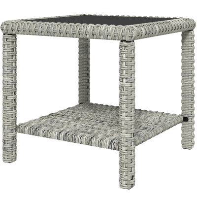 Outsunny 19" Outdoor Wicker Coffee Table with Glass Top, Storage Shelf for Garden Porch Balcony Deck, Dark Grey 