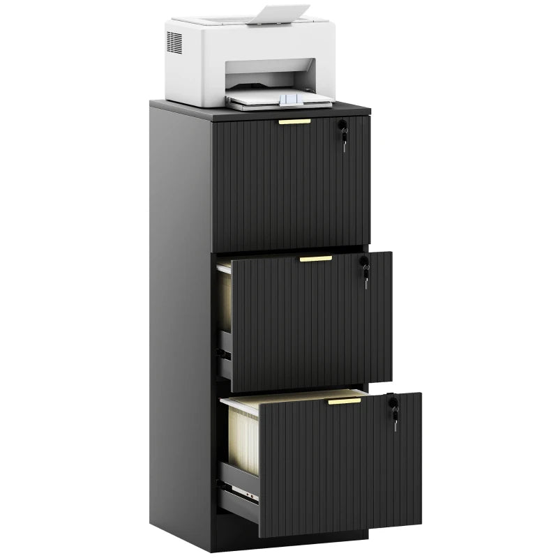 Lockable Filing Cabinet with 3 Fluted Drawers, File Cabinet with Adjustable Hanging Rails for A4 Letter Files, Black