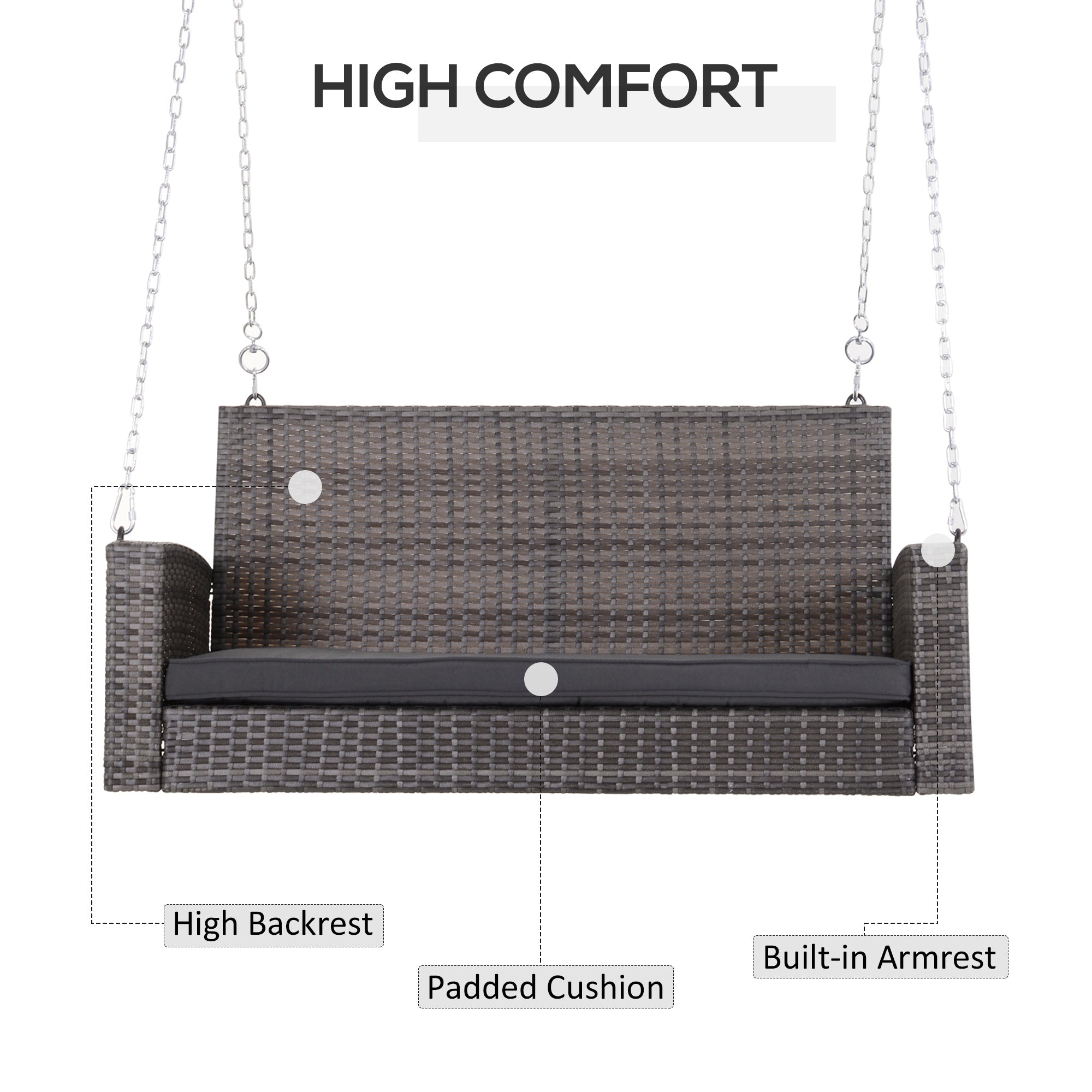 Outsunny 2-person Outdoor Wicker Porch Swing Chair Garden Rattan Hanging Bench with Cushion Yard Double Hammock Sun Lounge Seat, Grey 
