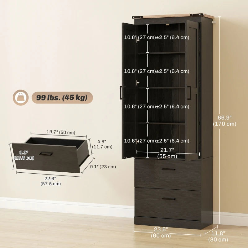 67" Tall Kitchen Pantry Storage Cabinet, Kitchen Pantry Cabinet with Doors, Drawers and Adjustable Shelves, Black