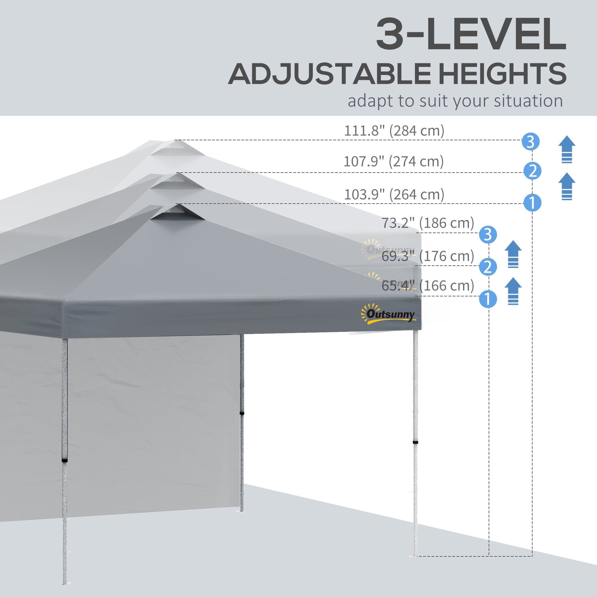 Outsunny 10' x 10' Pop Up Canopy Tent with Adjustable Height, 1 Sidewall, and Wheeled Carry Bag for Outdoor, Garden, Patio, Grey 