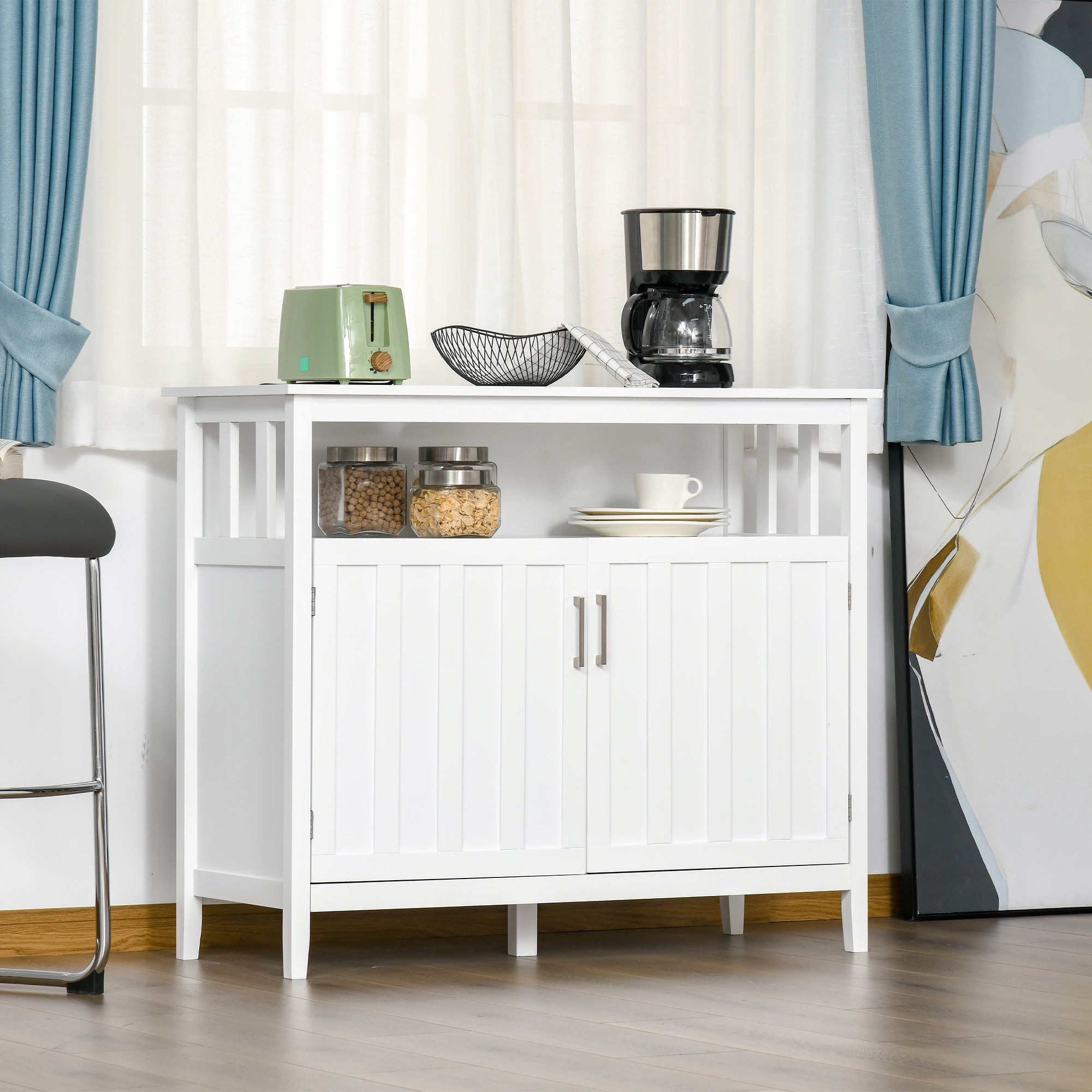 HOMCOM Contemporary Chic: White Sideboard Buffet Server with Doors and Shelves for Dining Room Sophistication | Elegant Storage 