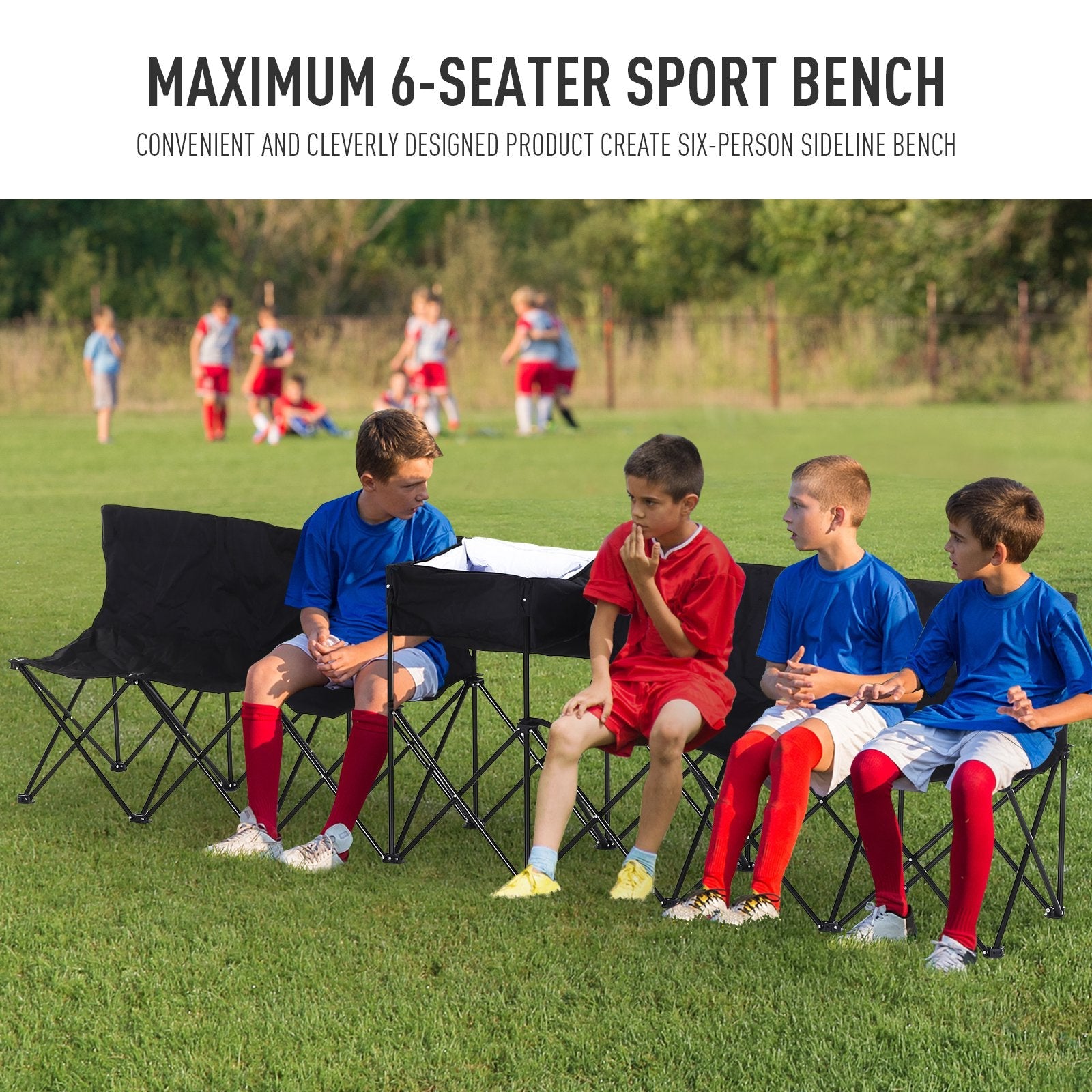 Outsunny 6 Seat Sport Bench Camp Seat Crowd Folding Portable Cooler Bag w/ Carrying Case Black 