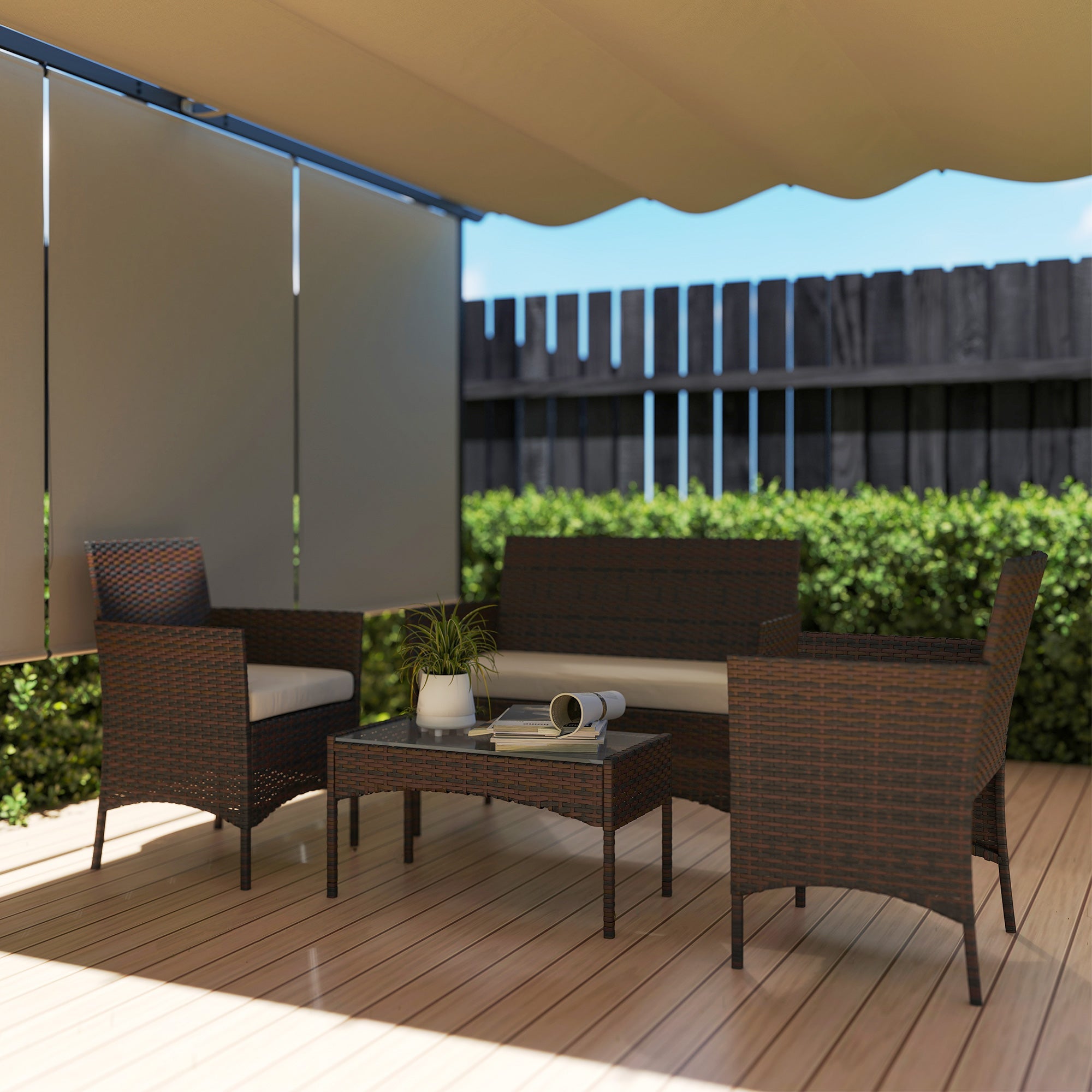 Outsunny 4 Pieces Wicker Outdoor Balcony Furniture Set Rattan Patio Furniture Set with Loveseat Chairs Glass Coffee Table Beige 
