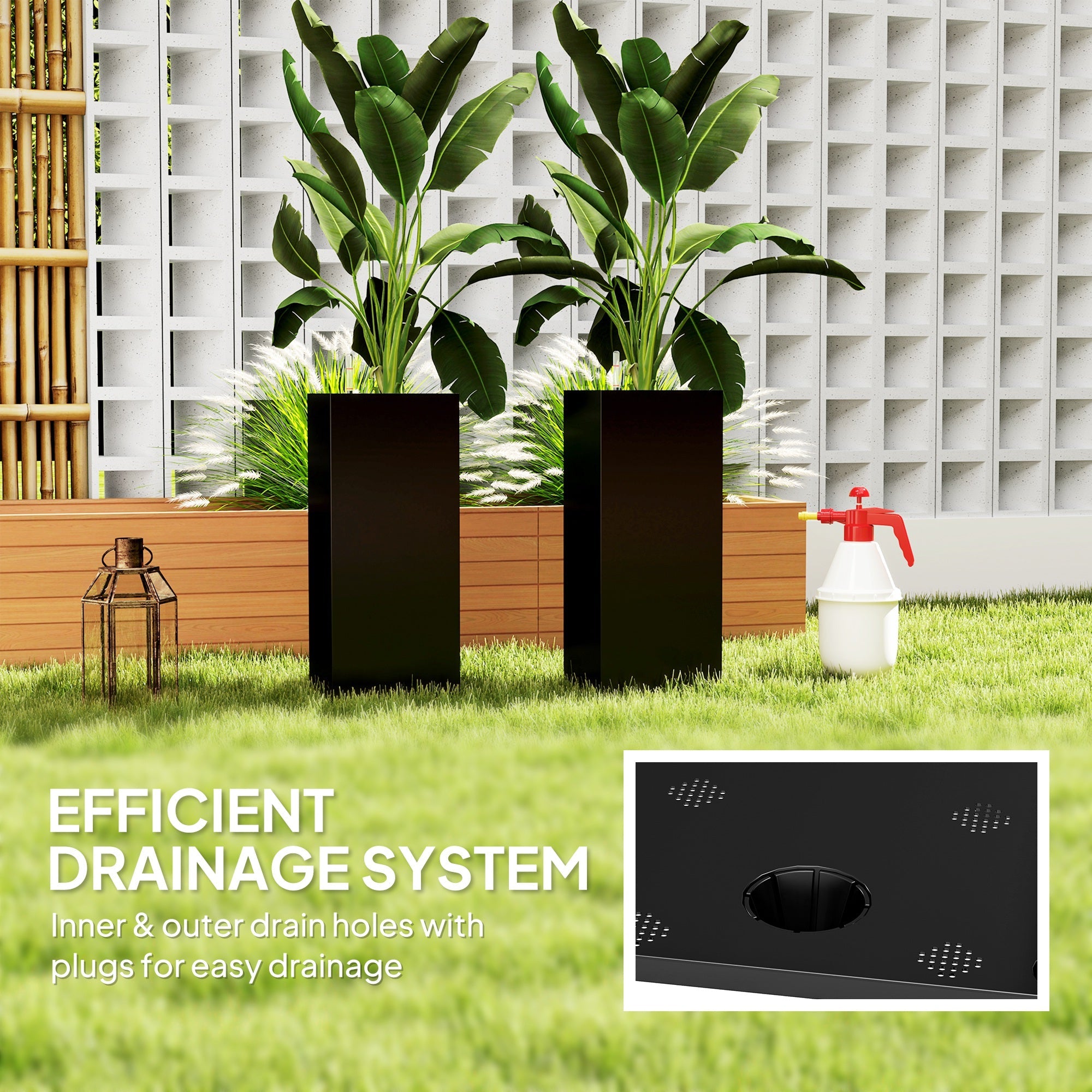 Outsunny 2 Pack Planter Box, 11 Inch Plastic Flower Pots with Water Level Indicator, Drainage Hole and Drain Plug, Black 