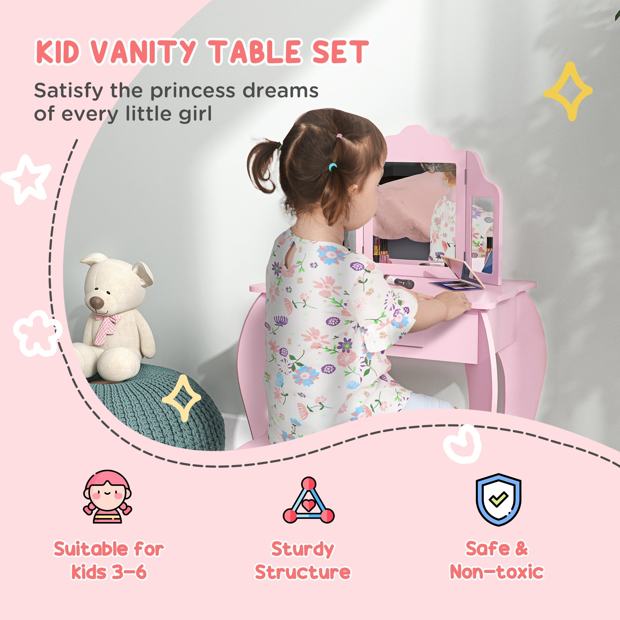 Qaba Star Heart Vanity Table: Tri-Fold Mirror, Drawer, Makeup Desk & Stool for Girls, Pink 