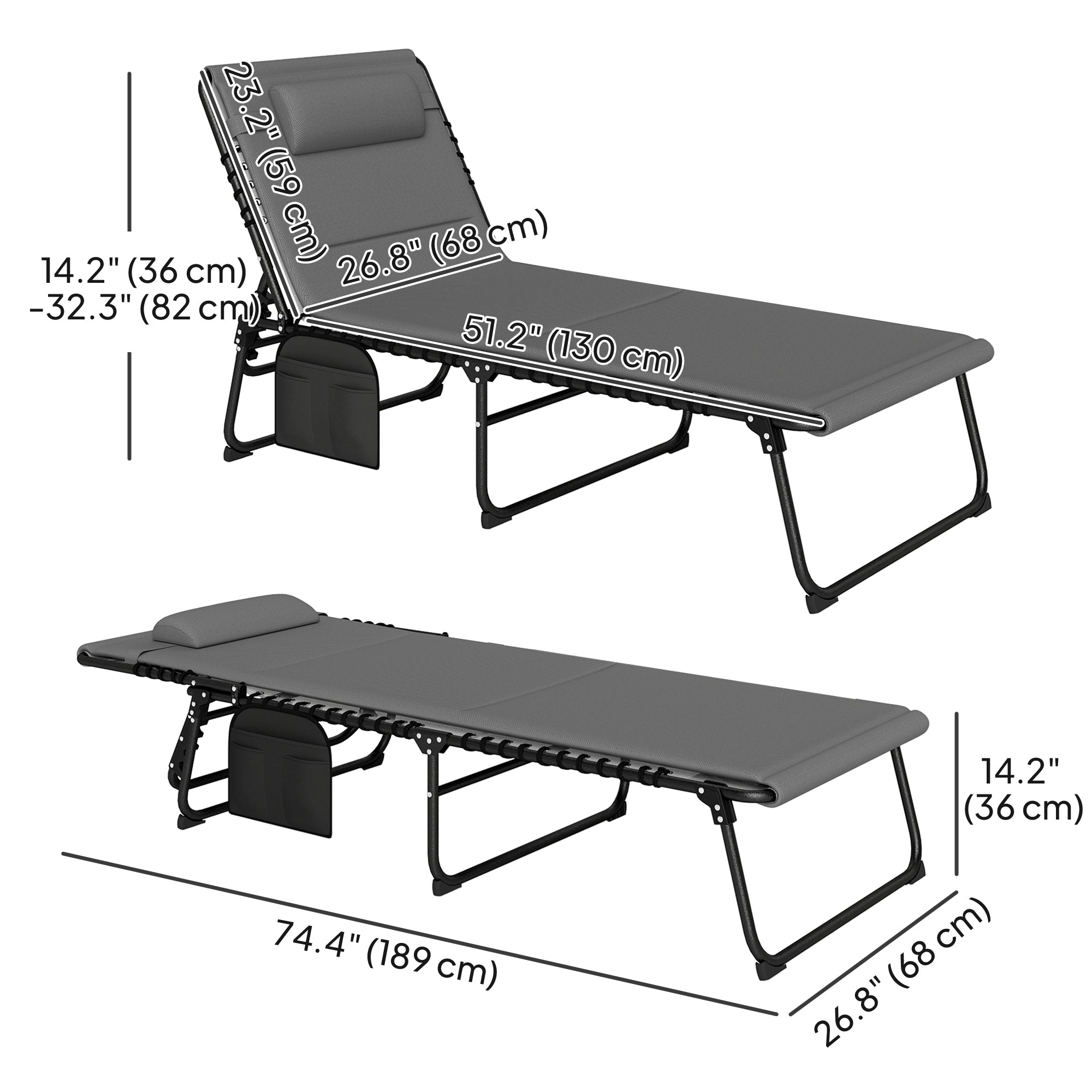 Outsunny Folding Chaise Lounge Chair Set of 2, Reclining Outdoor Lounge Chair Set with Quick Drying Pad Headrest Side Pocket, Tanning Chair Set for Beach Garden Pool, Light Grey 