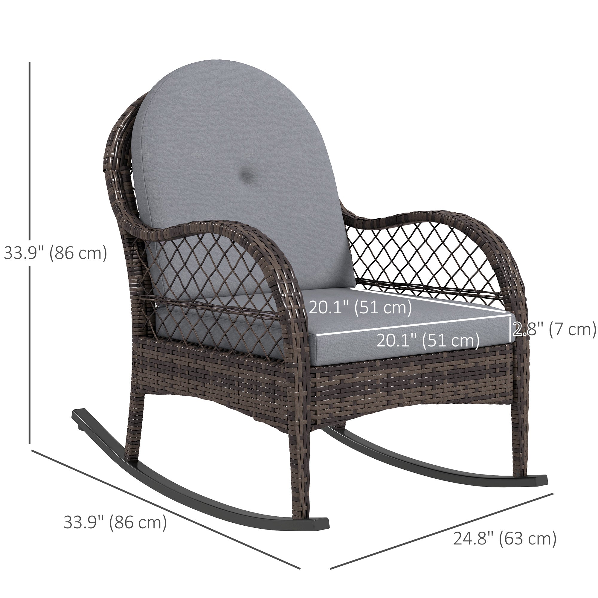 Outsunny 2 Pieces Wicker Rocking Patio Chairs, Indoor Outdoor Rocking Chair Set with Cushions and Armrests for Porch, Grey 