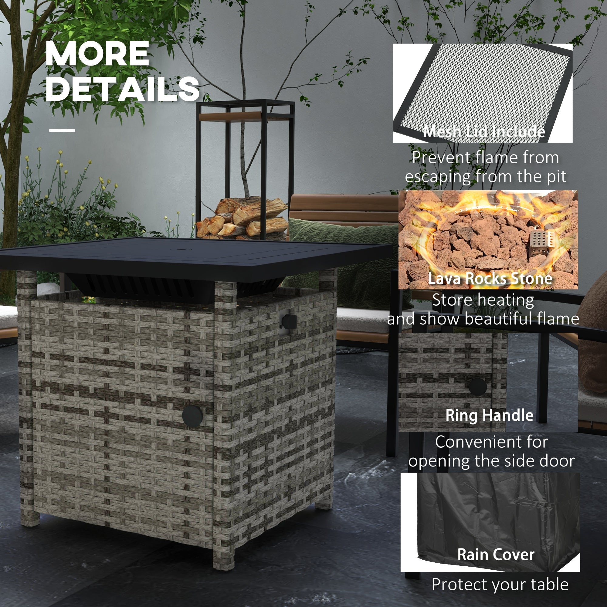 Outsunny Outdoor PE Rattan Propane Fire Pit Table, 50,000 BTU Pulse-Ignition Wicker Fire Table with Glass Wind Guard, Mixed Grey 