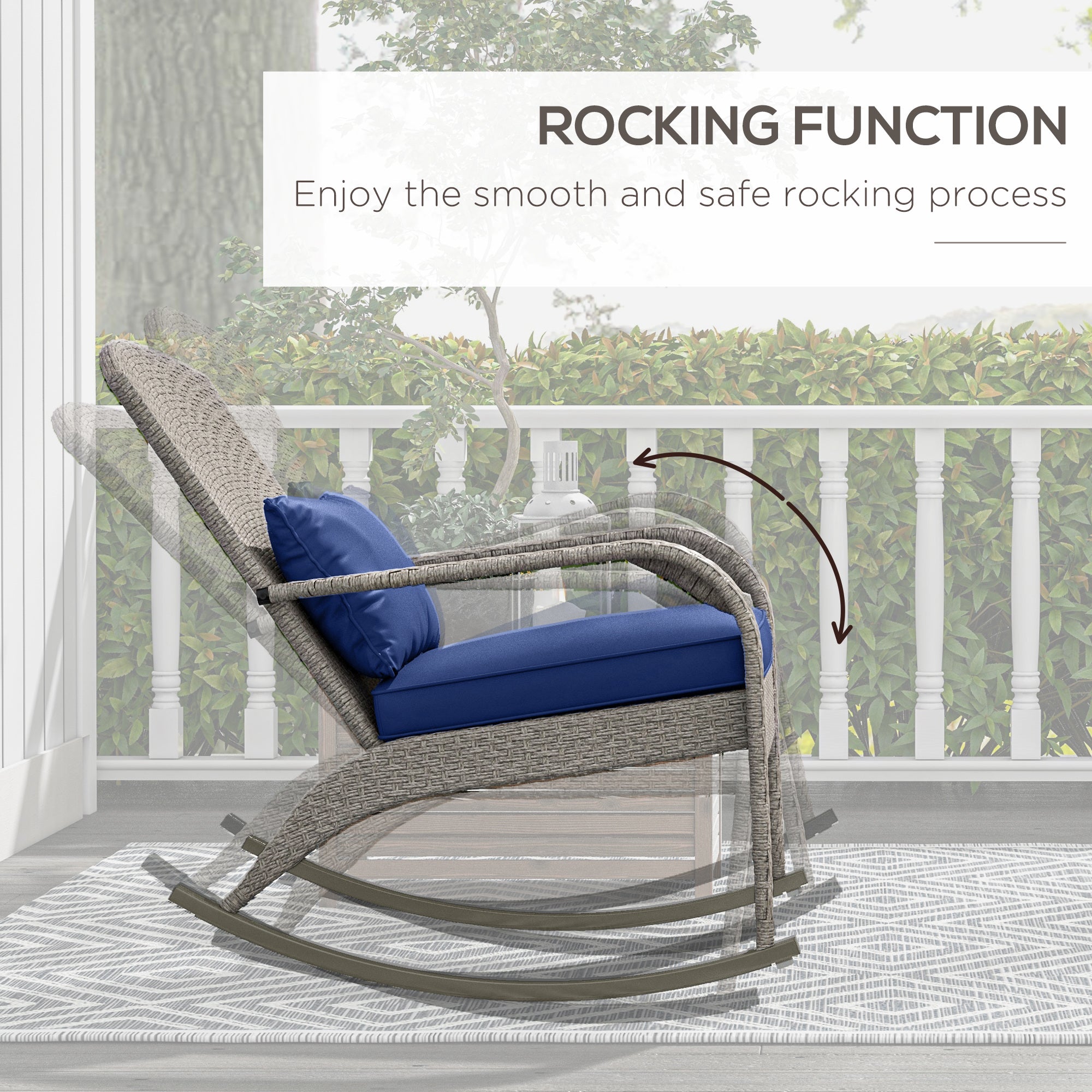 Outsunny Adirondack Chair, Outdoor Wicker Rocking Chair with High Back, Seat Cushion and Pillow for Porch, Balcony, Dark Blue 