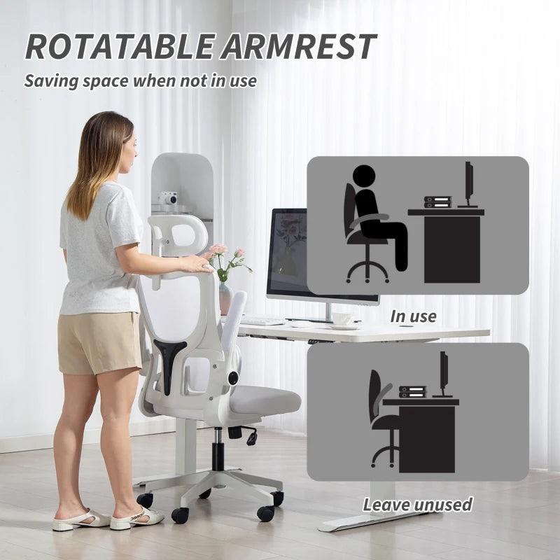 High Back Office Chair, Mesh Computer Chair with Rotatable Headrest, Lumbar Back Support, Adjustable Height, Cream White