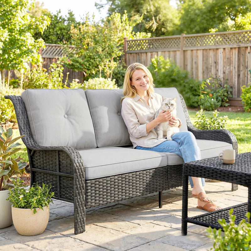 Wicker Patio Sofa with Cushions, 3 Seater Rattan Outdoor Couch for Patio, Garden, Porch, Backyard, Light Grey
