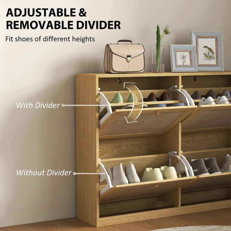 Narrow Shoe Storage Cabinet, Rattan Shoe Cabinet with 4 Flip Drawers and Adjustable Shelves for 20 Pairs, Oak