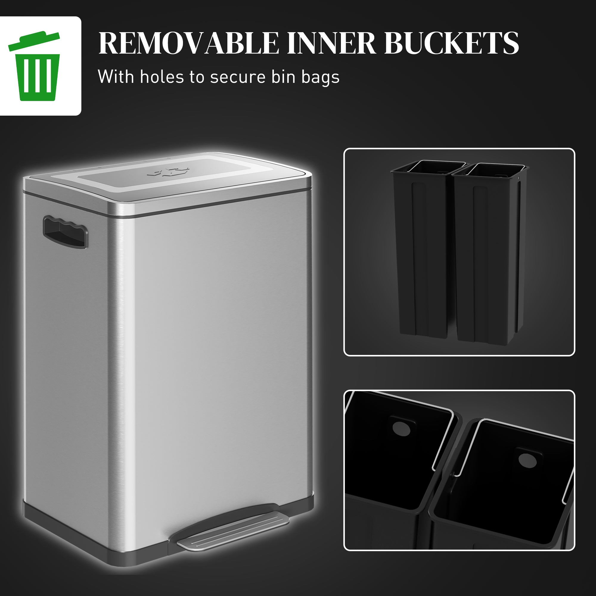 HOMCOM 2 x 5.3 Gallon (2 x 20L) Garbage Bin, Stainless Steel Garbage Can with Soft-Close Lid and Removable Inner Buckets 