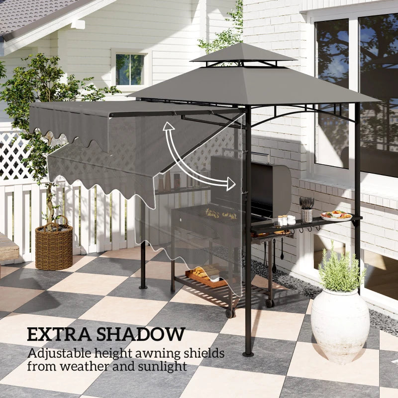 8' x 7.6' Grill Gazebo, Double Tiered Barbecue Grill Gazebo Shelter w/ Side Awning, 2 Side Shelves, 6 Hooks, Dark Grey