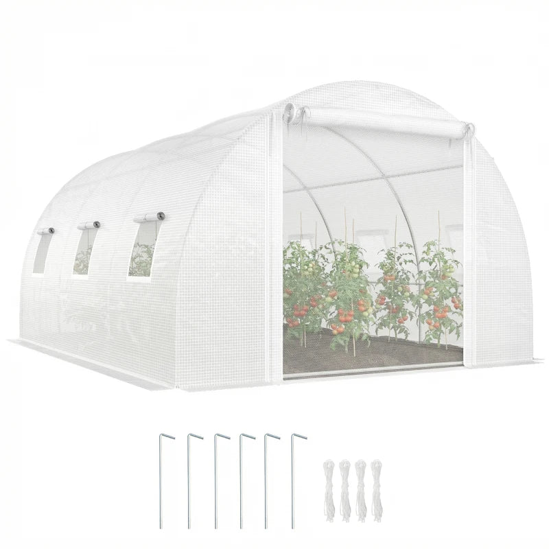 Walk-in Tunnel Greenhouse, Plant Hot House w/ Support Rods, Roll-up Mesh Door, Mesh Windows, 13'x9.8'x6.6', White