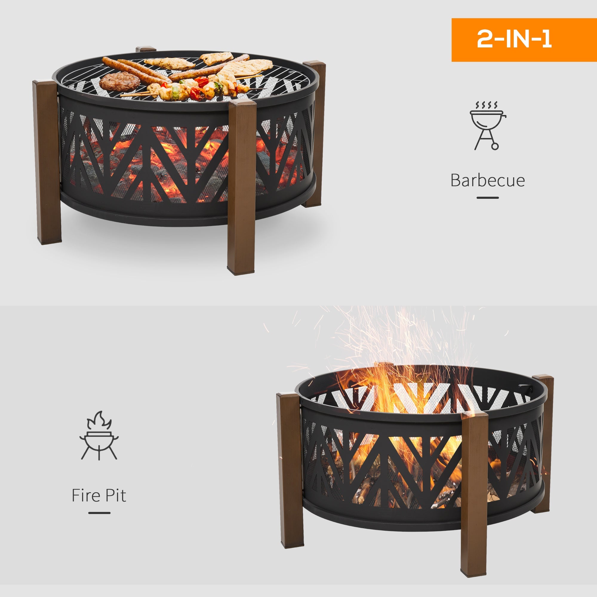 Outsunny 31" Outdoor Fire pit, 2-in-1 Wood Burning Fire Pit Brazier with Lid, BBQ Grill, Poker for Backyard, Camping, Black 