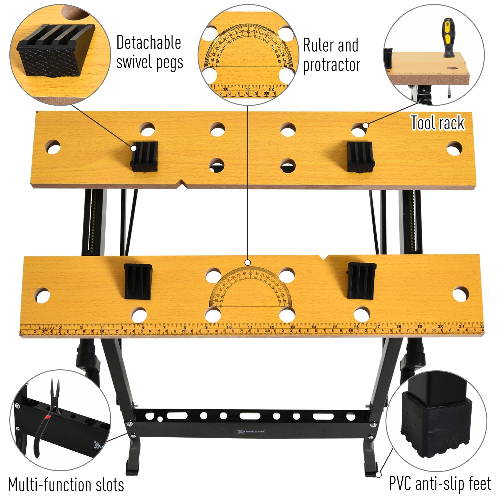DURHAND Versatile Workstation: Adjustable MDF Work Bench, Foldable Carpenter Saw Table, Steel Frame, 220lbs Capacity 