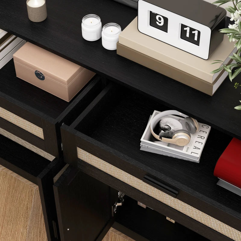 Kitchen Sideboard Cabinet, Boho Buffet Table with Decorative Rattan Doors and Drawers for Dining Room, Black