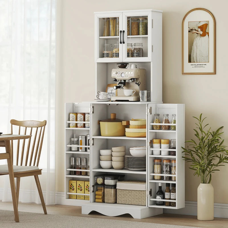 71" Kitchen Pantry Cabinet, Freestanding Kitchen Hutch with 8 Door Shelves, Adjustable Shelf and Acrylic Doors, White