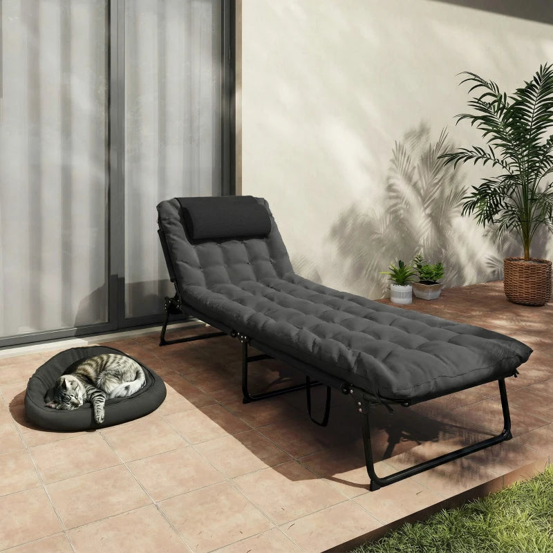 Folding Lounge Chair with 4-level Reclining Back & Cushion, Dark Grey