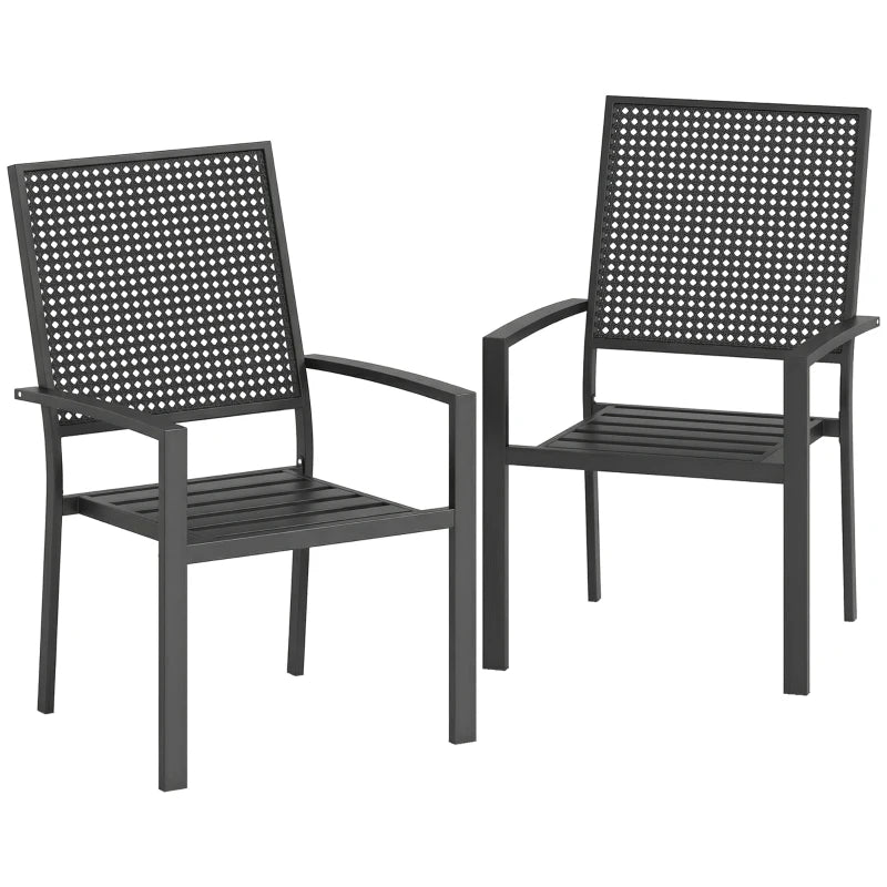 Stackable Patio Chairs Set of 2, Outdoor Dining Chairs with Faux Wicker Steel Mesh Back, Slatted Seat, Armrests, Black