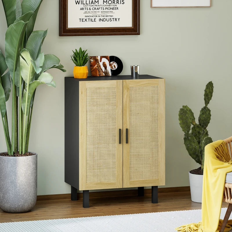 Boho Sideboard, Buffet Cabinet with Storage, Accent Cabinet with 2 Rattan Doors and Adjustable Shelves, Black