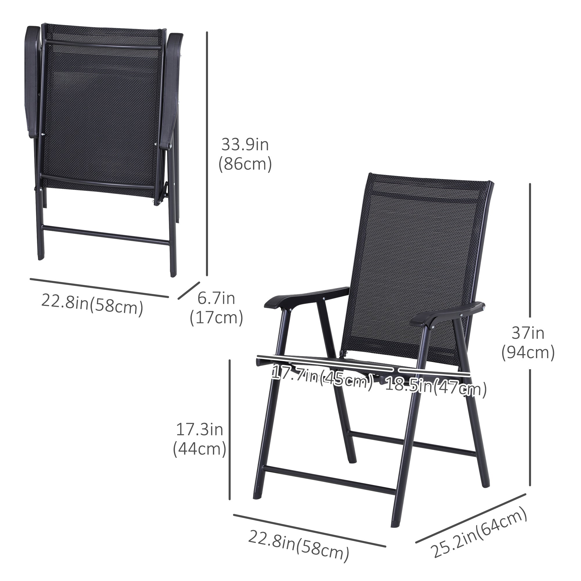 Outsunny Garden Chairs Set of 2 Foldable Texteline Steel Frame Outdoor Patio Seat Black 