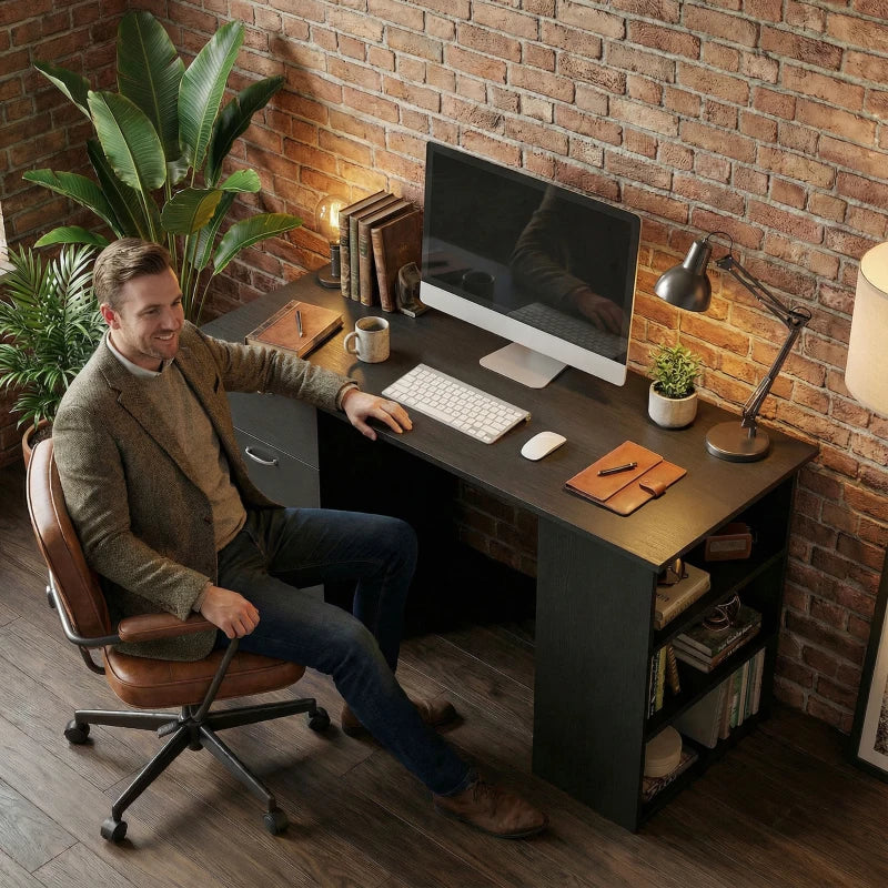 Computer Desk, 47" Writing Table with 3-Tier Shelves and 3 Reversible Drawers for Home Office, Bedroom, Black