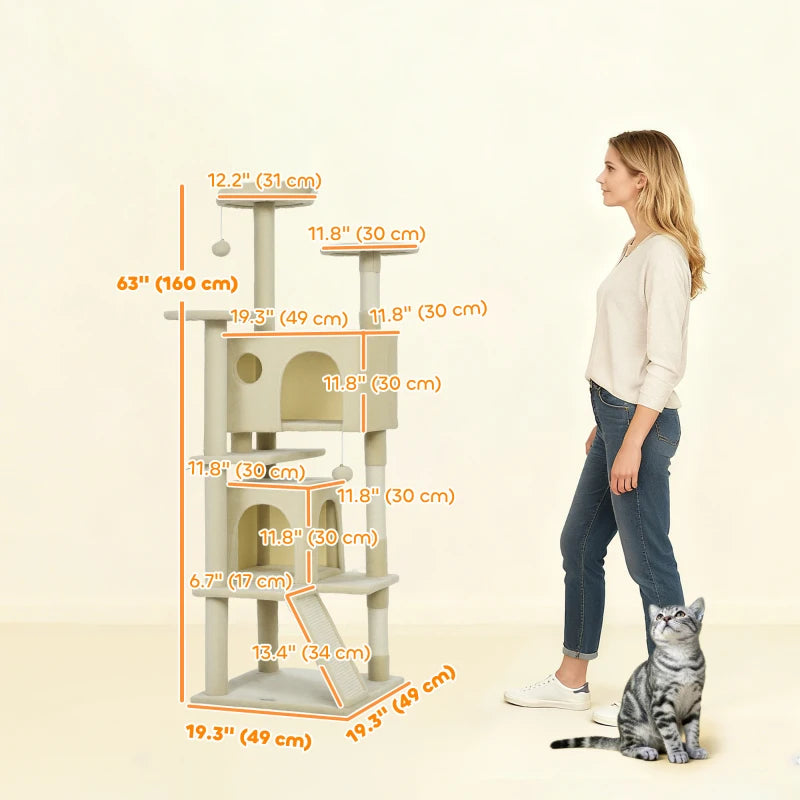 63" Cat Tree, Multi-Level Cat Tower with Scratching Posts, Cat Condos, Bed, Platforms, Ramp, Toy Ball, Cream White