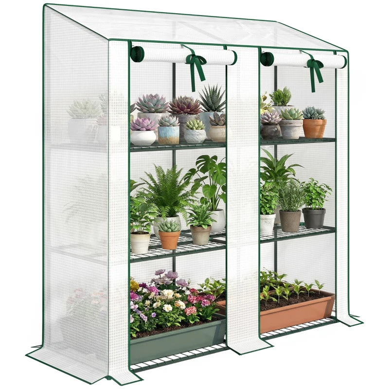 Portable Mini Greenhouse Green House with 3 Tier Shelves, Reinforced PE Cover, Roll-up Doors, 56.3"x18.1"x59.4", White