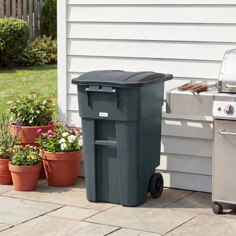 Outdoor Garbage Bin with Lid and Wheels, 53 Gallon Large Trash Can Garbage Can with Handle for Patio, Yard, Dark Grey