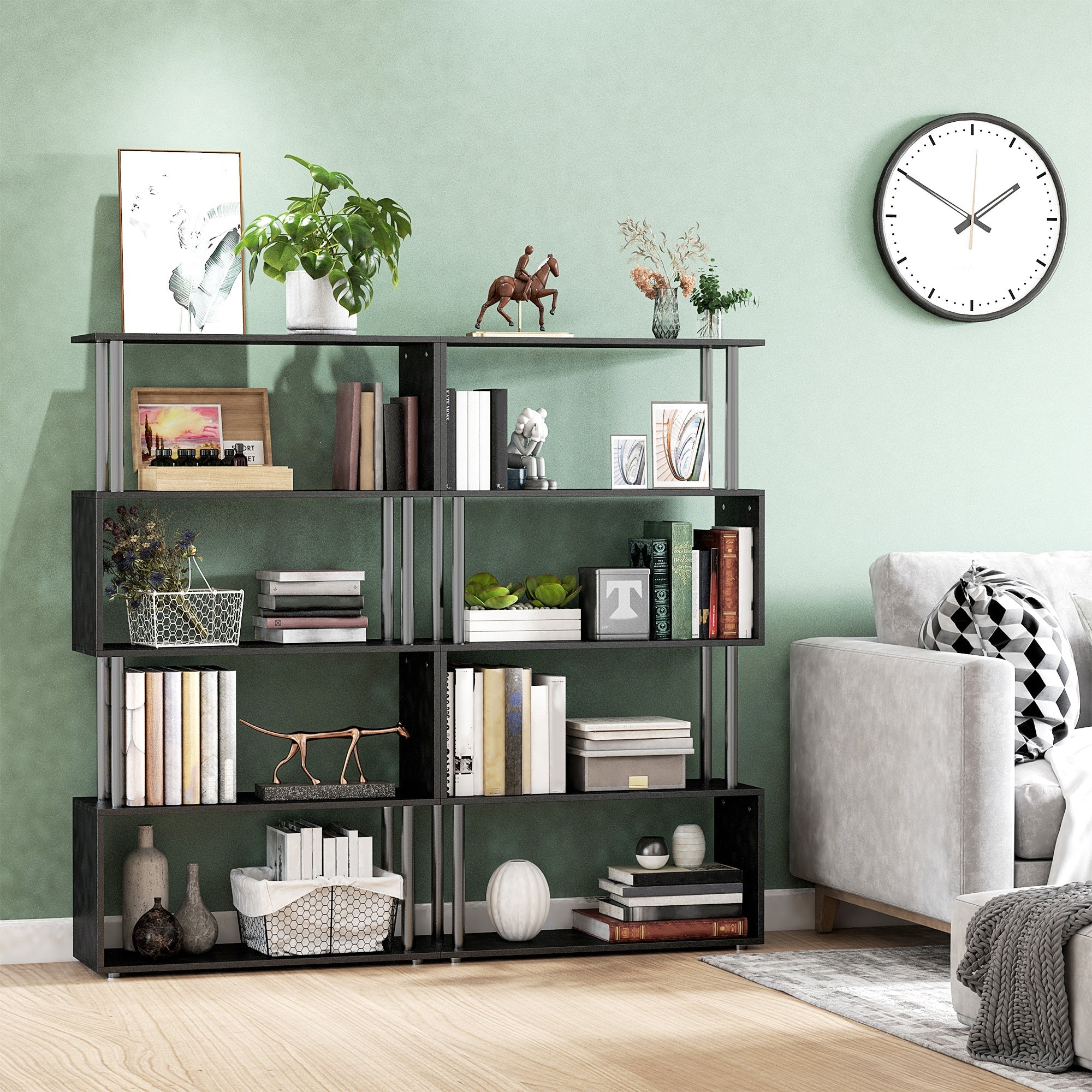 HOMCOM 5-Tier Z-Shape Bookcase: Wooden Shelves with Steel Frame for Living Room, Bedroom, Office, Black 